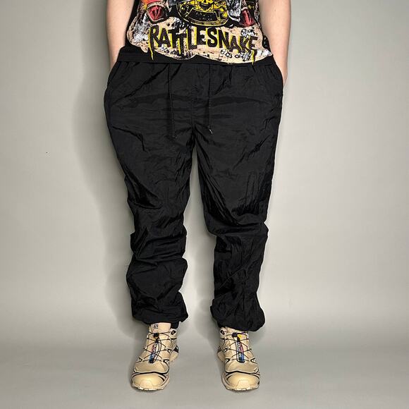 Vintage Champion Track Pants Jet Black Nylon Joggers Subtle Embroidered Logo 90s - Picture 2 of 4